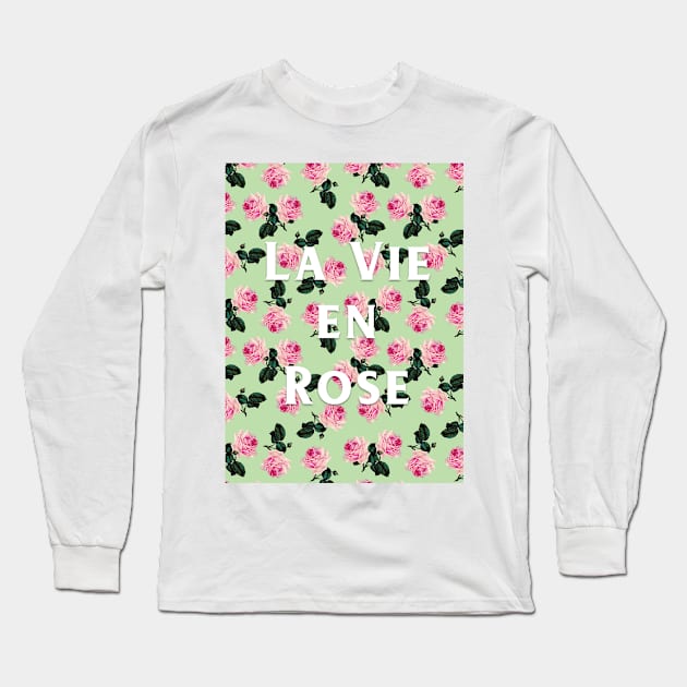 La Vie En Rose - scattered pink vintage roses on green, pink tee Long Sleeve T-Shirt by bettyretro